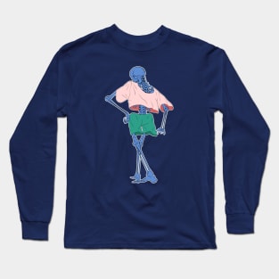 Blue Skeleton Pose Walking Sassy Skeleton Long Sleeve T-Shirt